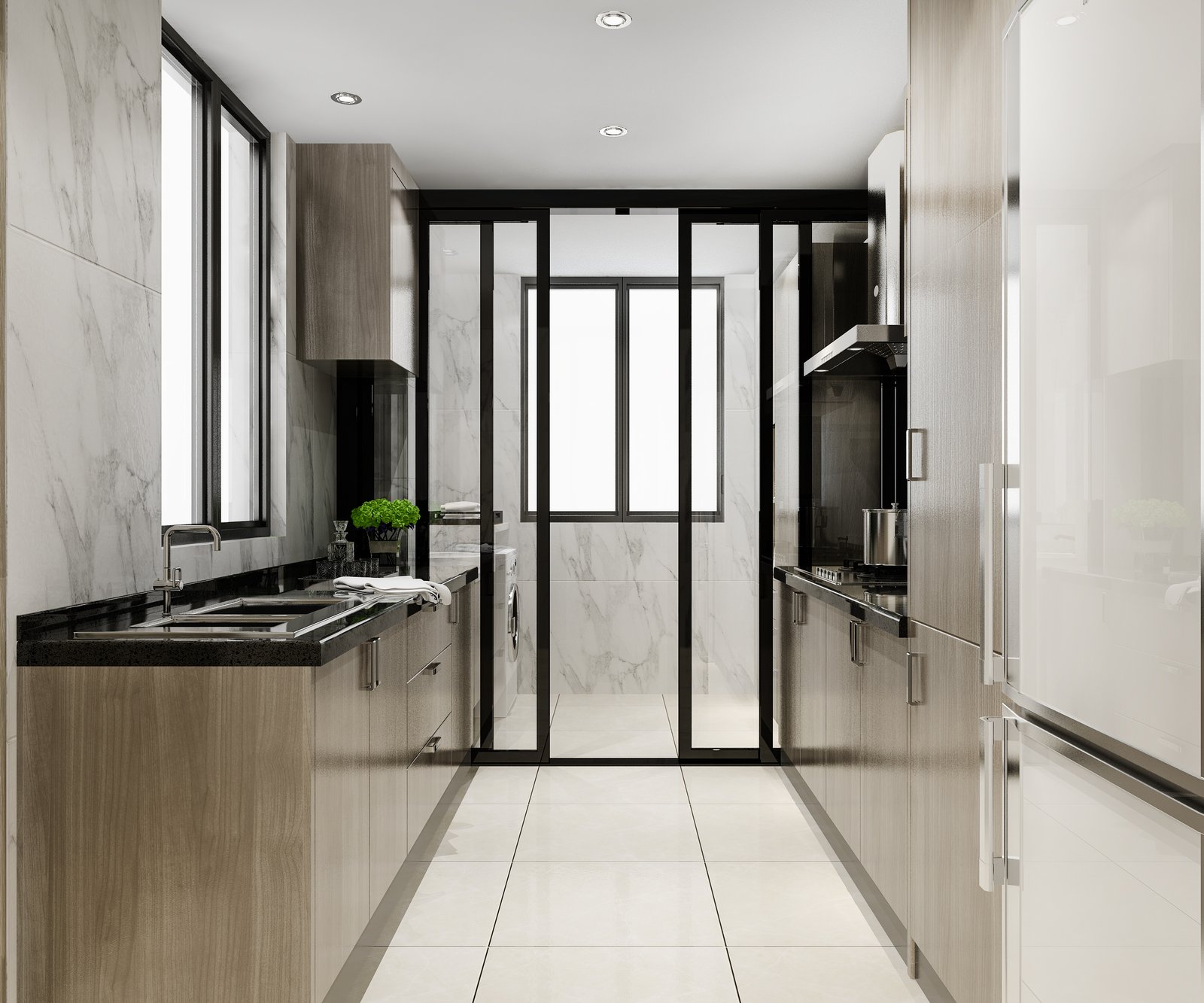 Parallel galley modular kitchen with wood decoration